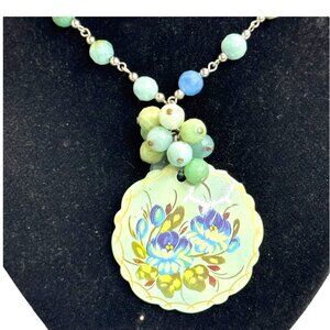 JOHN & CANDICE Aquamarine Blue Agate Beads Peone Water Lily Pendant Vtg Necklace
